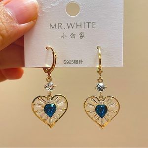 Rhinestone Decor Heart Blue Drop Earrings 14K Gold